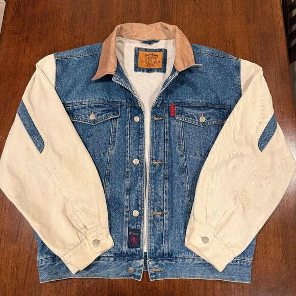 90s Vintage Outrigger Classic Denim Varsity Jacket – 100% Cotton, Leather Trim, - Picture 1 of 7